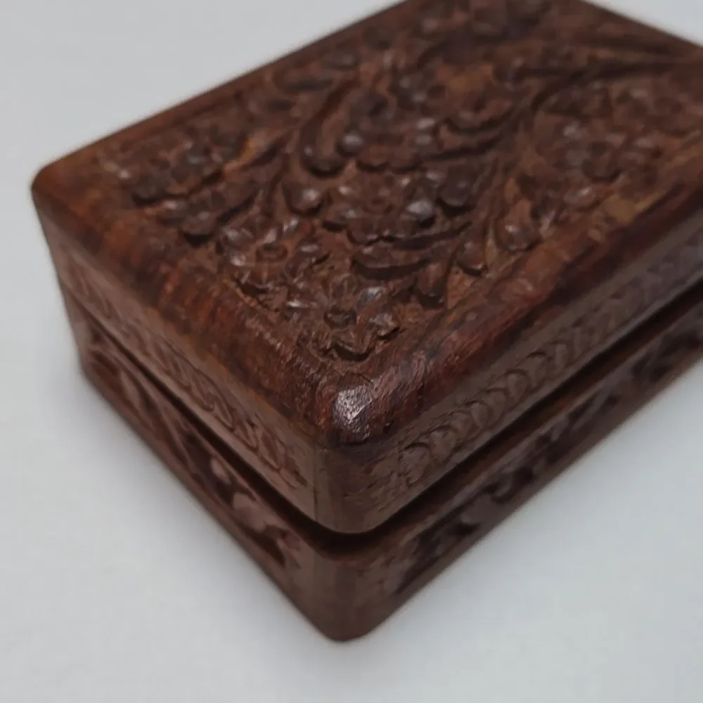 VTG Hand Carved Wooden Floral Trinket Box Blue Velvet Lined Keepsake